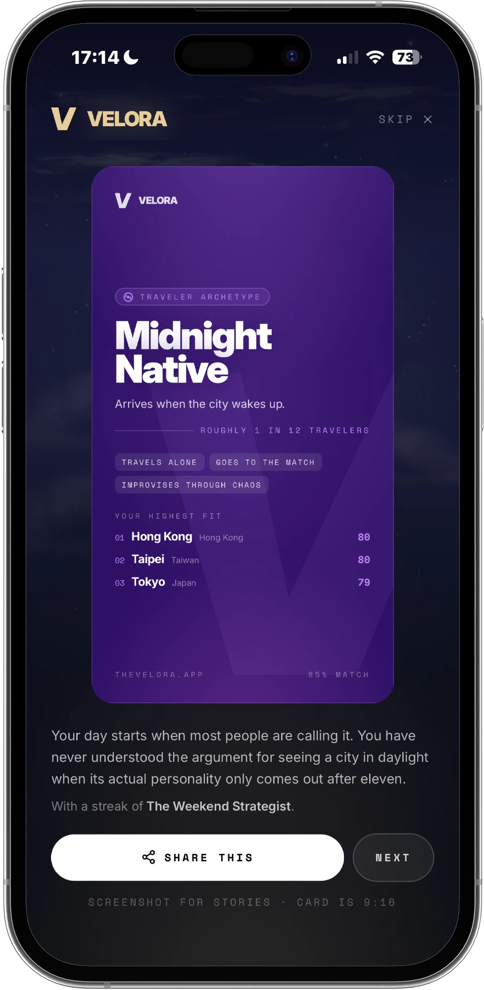A shareable traveler archetype card: Midnight Native, arrives when the city wakes up, roughly one in twelve travelers, with the reader's best-matching cities, Hong Kong 80, Taipei 80 and Tokyo 79, and an 85% match.
