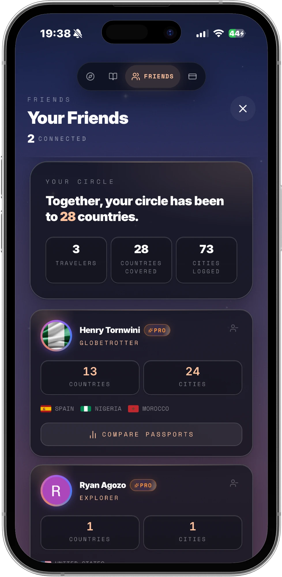 A friends view: the reader's circle has been to 28 countries across 73 cities, with each friend's country and city counts and a button to compare passports.