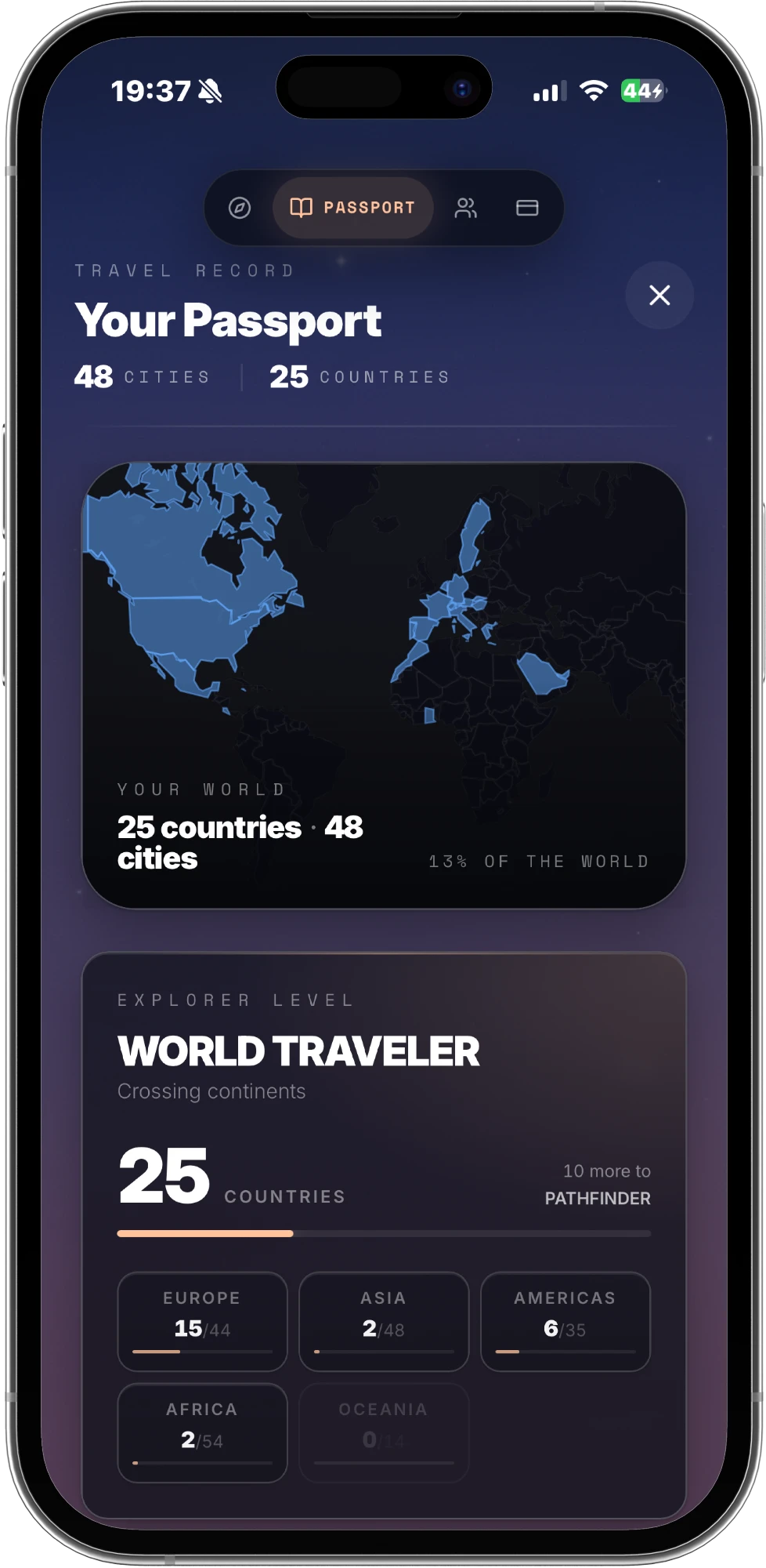 A travel record: 48 cities across 25 countries on a world map, an explorer level of World Traveler, and per-continent counts.
