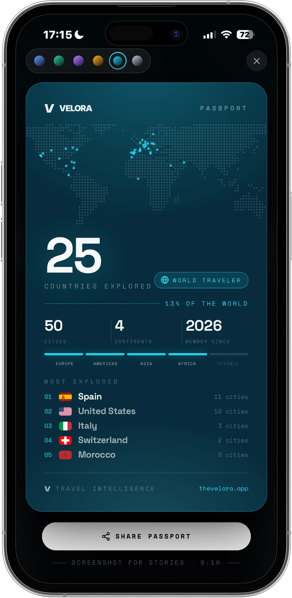 A shareable passport card: 25 countries explored, 13% of the world, 50 cities across 4 continents, a dotted world map with every visit pinned, and the reader's five most explored countries.